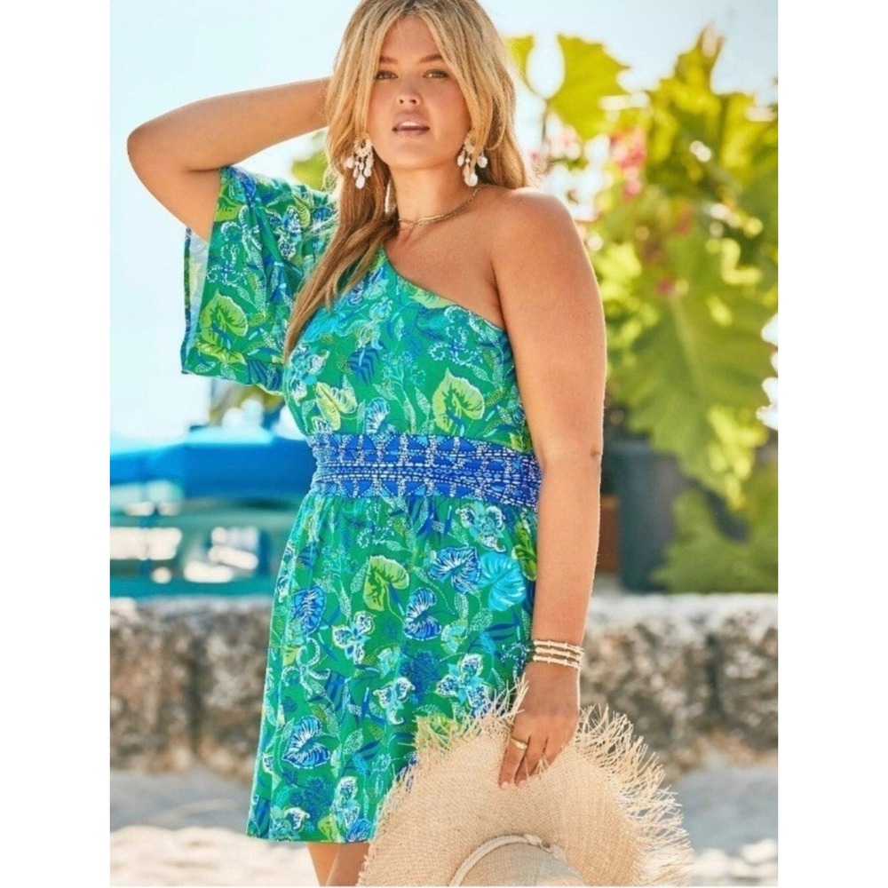 Lilly Pulitzer Niki One Shoulder Dress Botanical Green In A Flutter Size 6